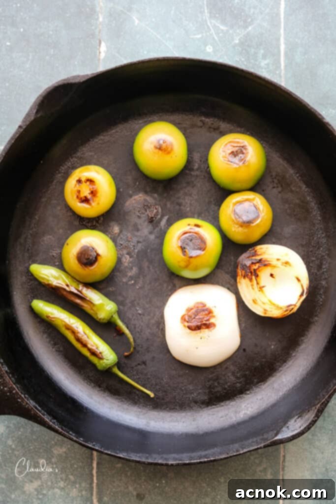 roasted tomatillos, onion and serrano chiles