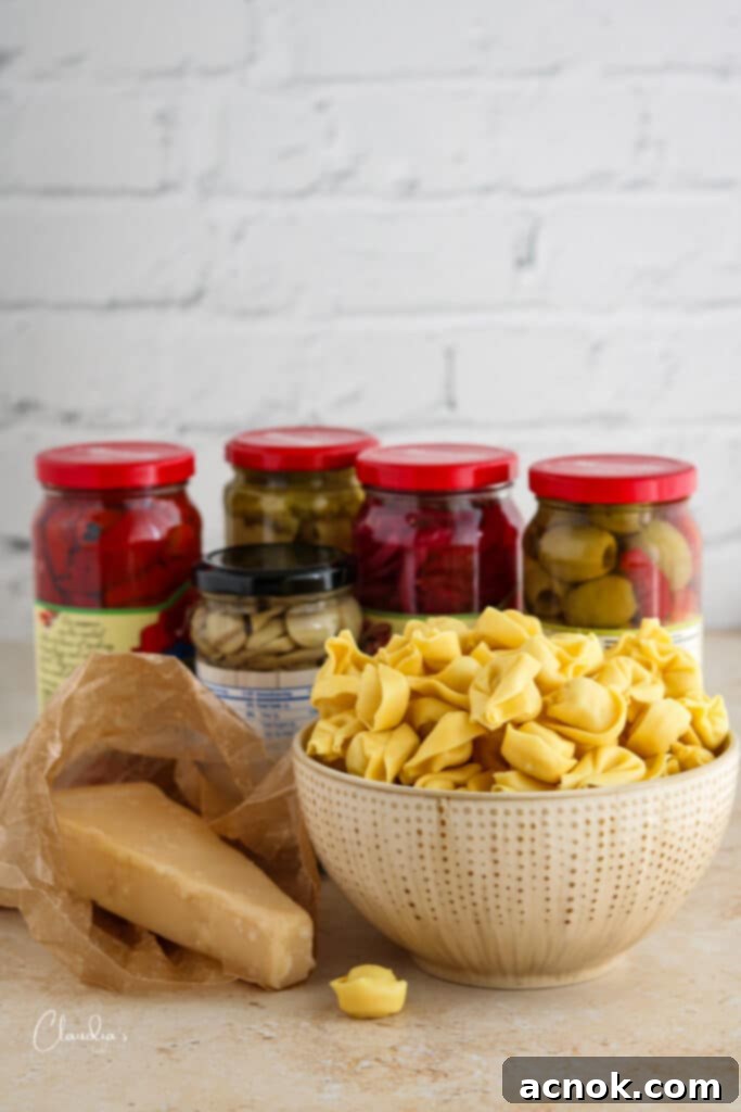 ingredients for simple cheese tortellini pasta salad