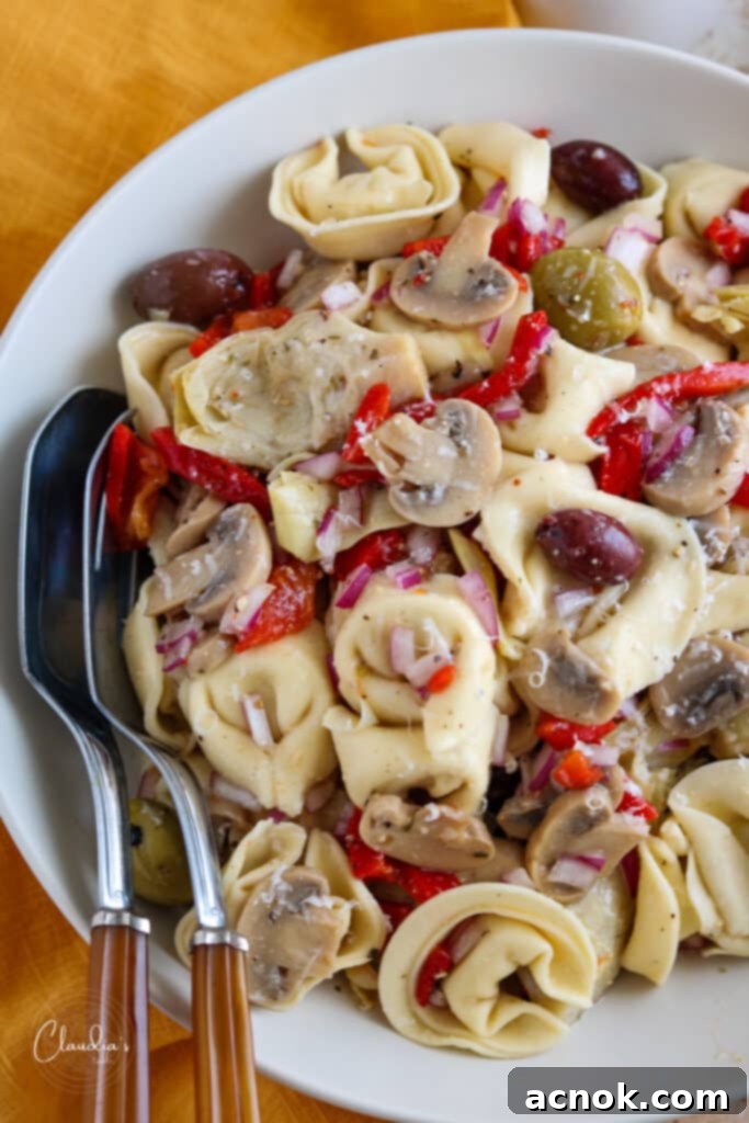close up of simple cheese tortellini salad