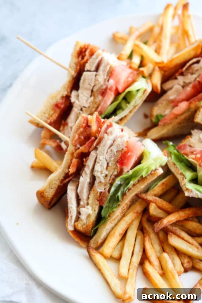 close up classic turkey club sandwich with fries