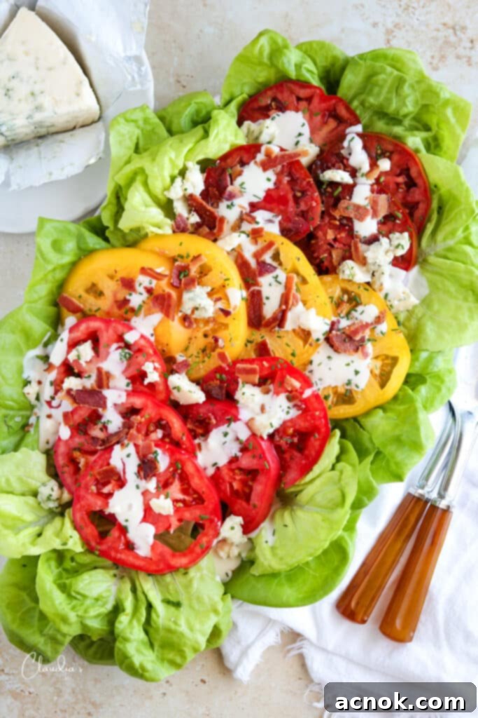 Vibrant BLT salad with blue cheese dressing, crumbles, and crispy bacon bits, showcasing colorful summer tomatoes
