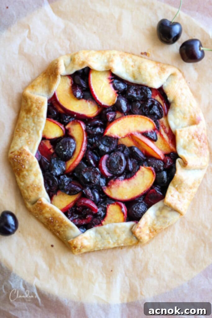 cherry and peach galette top view 