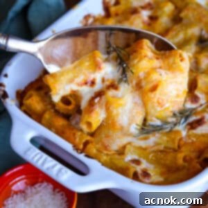 Baked Rigatoni with Pumpkin Cream Sauce in a serving dish