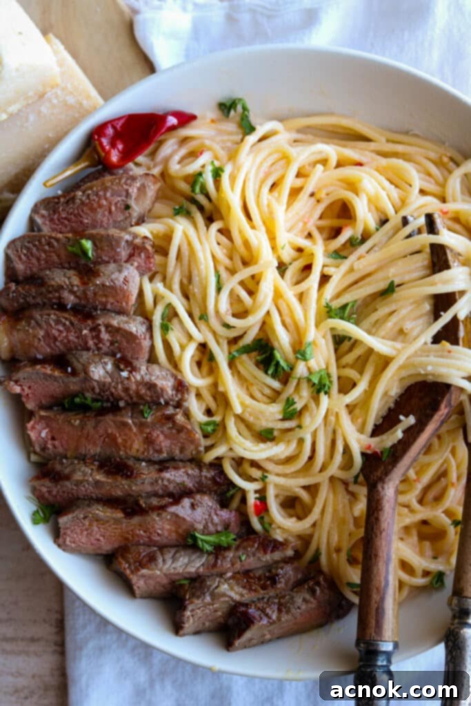 creamy calabrian chili pasta with grilled NY strip steak