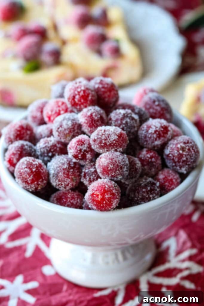 A white bowl filled with glistening sugared cranberries, perfect for garnishing holiday desserts or cocktails.