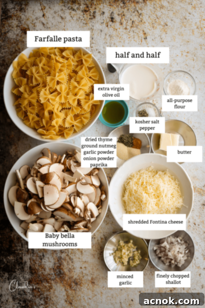 labeled ingredients for creamy mushroom pasta