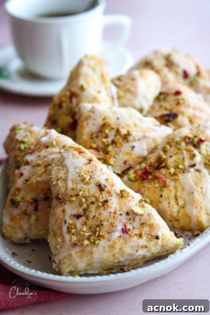 Scones with a cup of tea, featuring rosewater glaze and pistachios. 