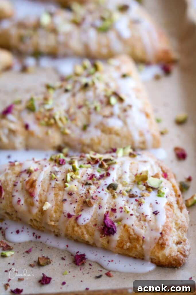 Scones with rosewater drizzle, toasted pistachios and rose petals.