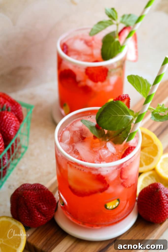 Refreshing homemade Strawberry Lemonade garnished with fresh mint.