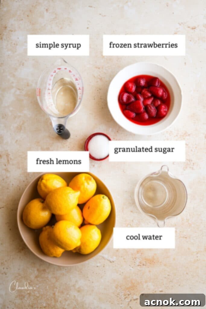 Ingredients for fresh Strawberry Lemonade