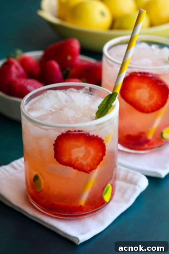 Fresh and homemade strawberry lemonade with mint garnish in a layered glass