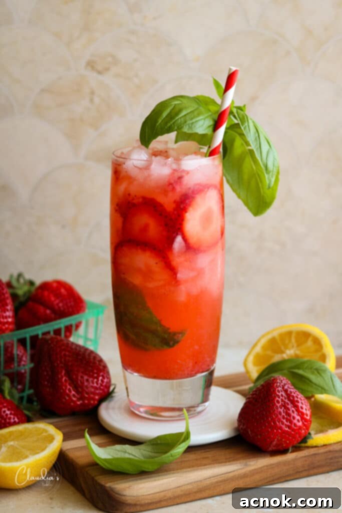 Strawberry basil lemonade garnished with fresh basil leaves