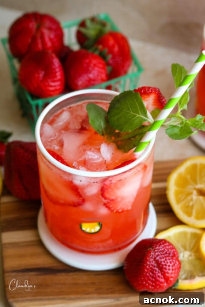 Strawberry lemonade garnished with fresh mint on a serving board