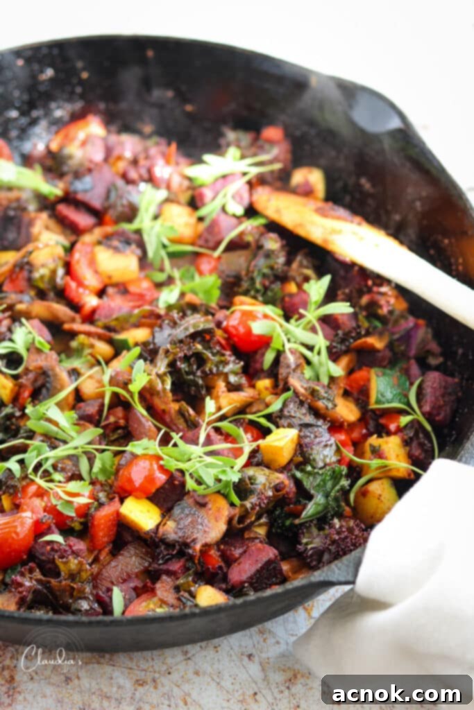Deliciously colorful sweet potato breakfast hash with eggs