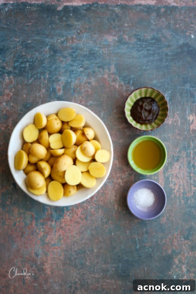Ingredients for simple crispy potatoes laid out on a counter.