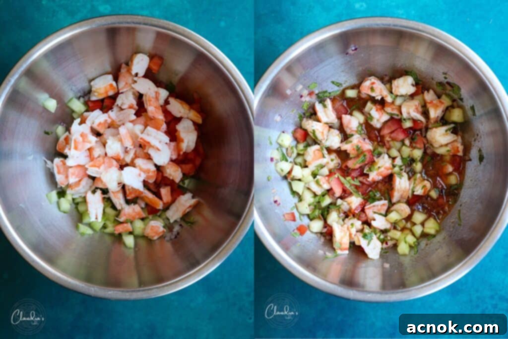 Process of making shrimp salad, showing chopped ingredients and dressing being mixed.