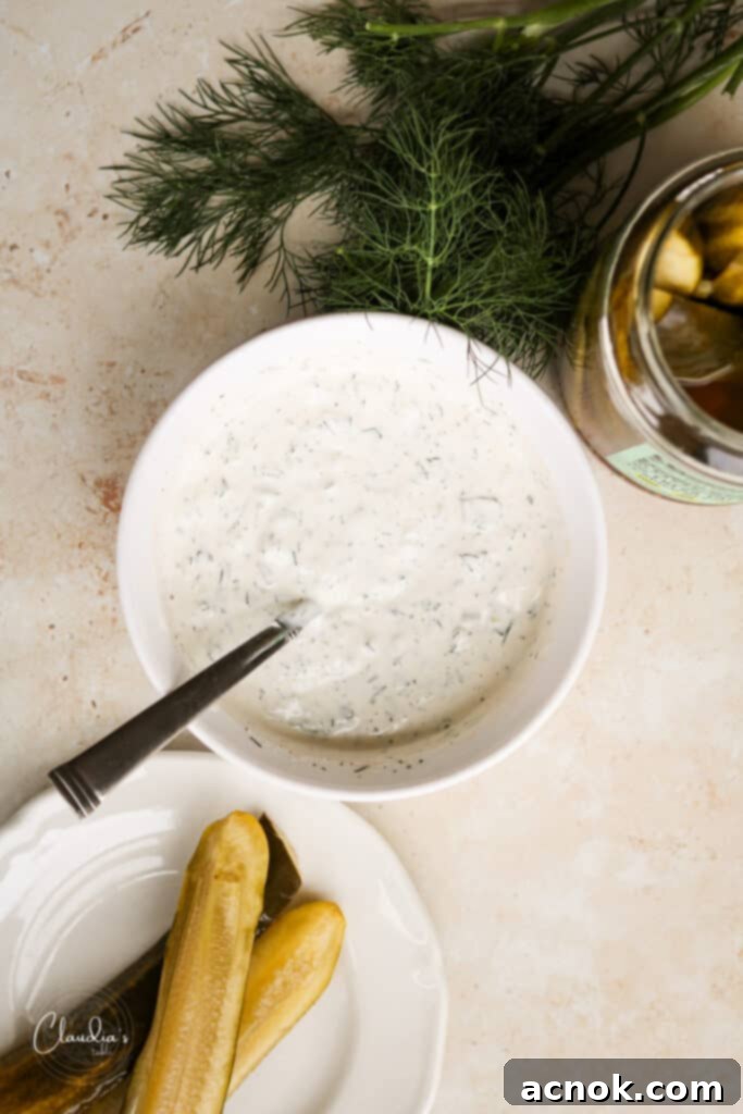 top view of dill pickle ranch dressing or dip 