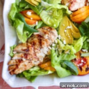 square image of grilled peach avocado chicken salad