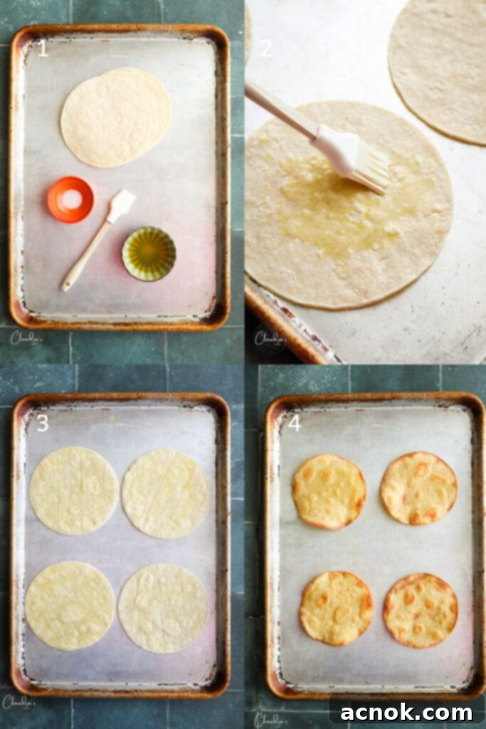 Step-by-step directions for making tostada shells: brushing oil on corn tortillas