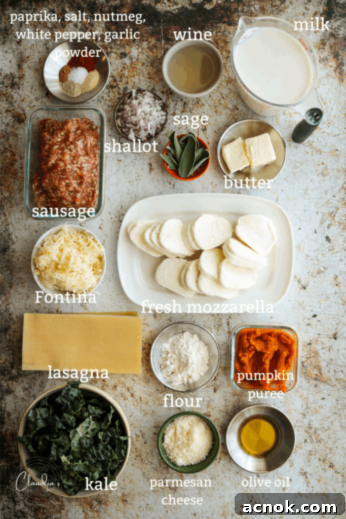 Savory Autumn Lasagna: Pumpkin, Sausage & Kale Delight 3 Ingredients for pumpkin lasagna with sausage and kale.