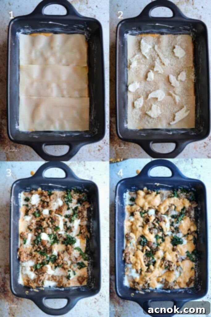 Savory Autumn Lasagna: Pumpkin, Sausage & Kale Delight 4 How to assemble the lasagna.