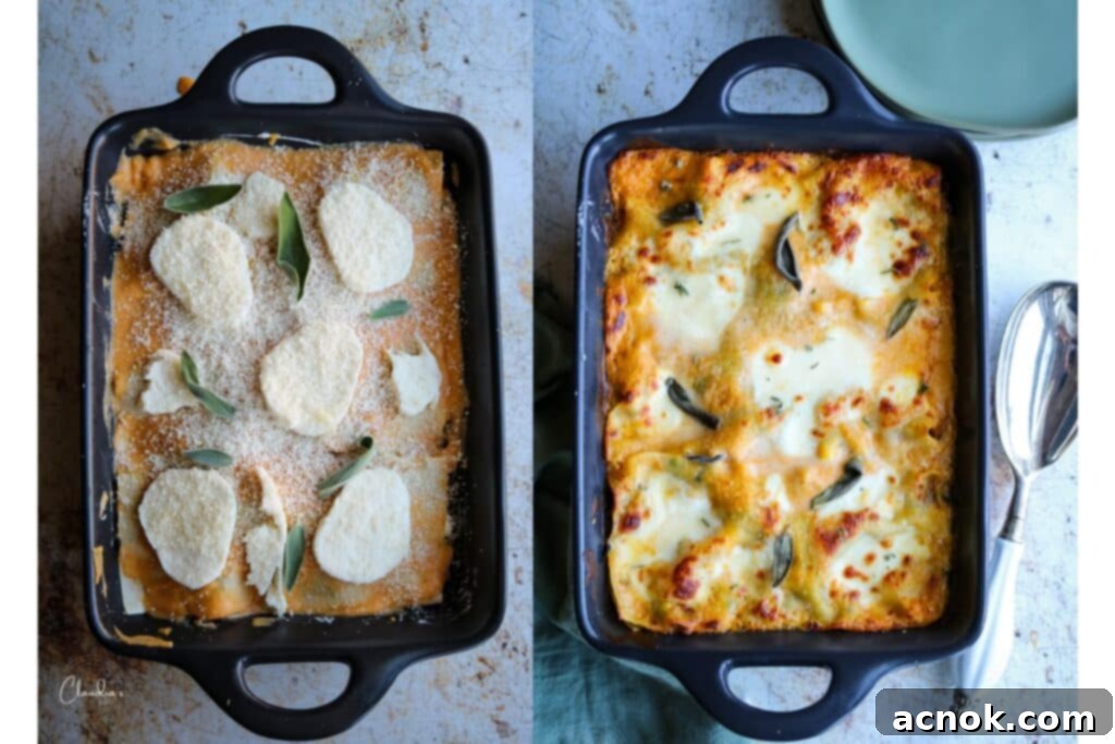 Savory Autumn Lasagna: Pumpkin, Sausage & Kale Delight 5 Pumpkin lasagna before and after baking.
